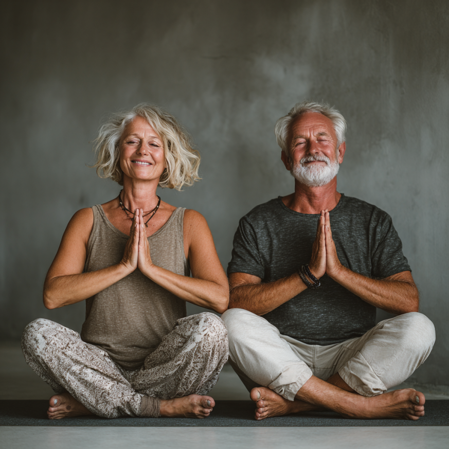 Група людей зрілого віку виконує легкі вправи в спортивному залі