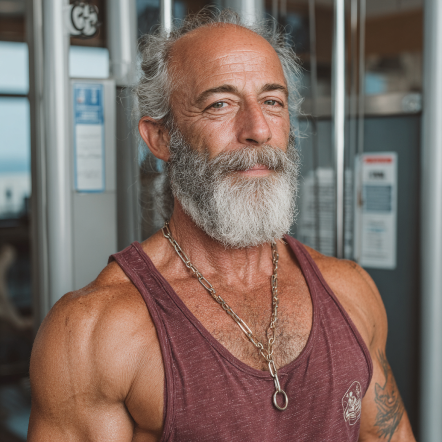 Активний пожилий чоловік займається фітнесом з легкими гантелями